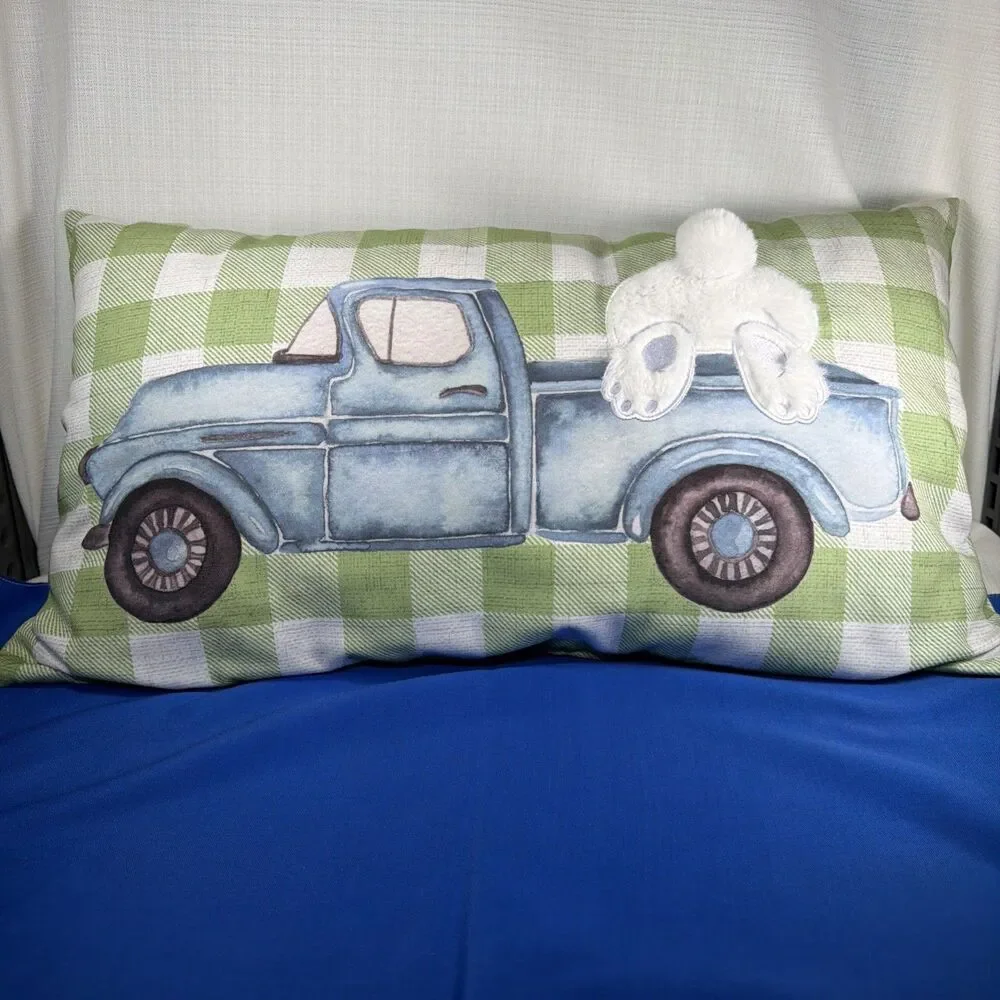 Easter Farmhouse Lumbar Pillow 22x12 Blue Truck Bunny Butt Plaid